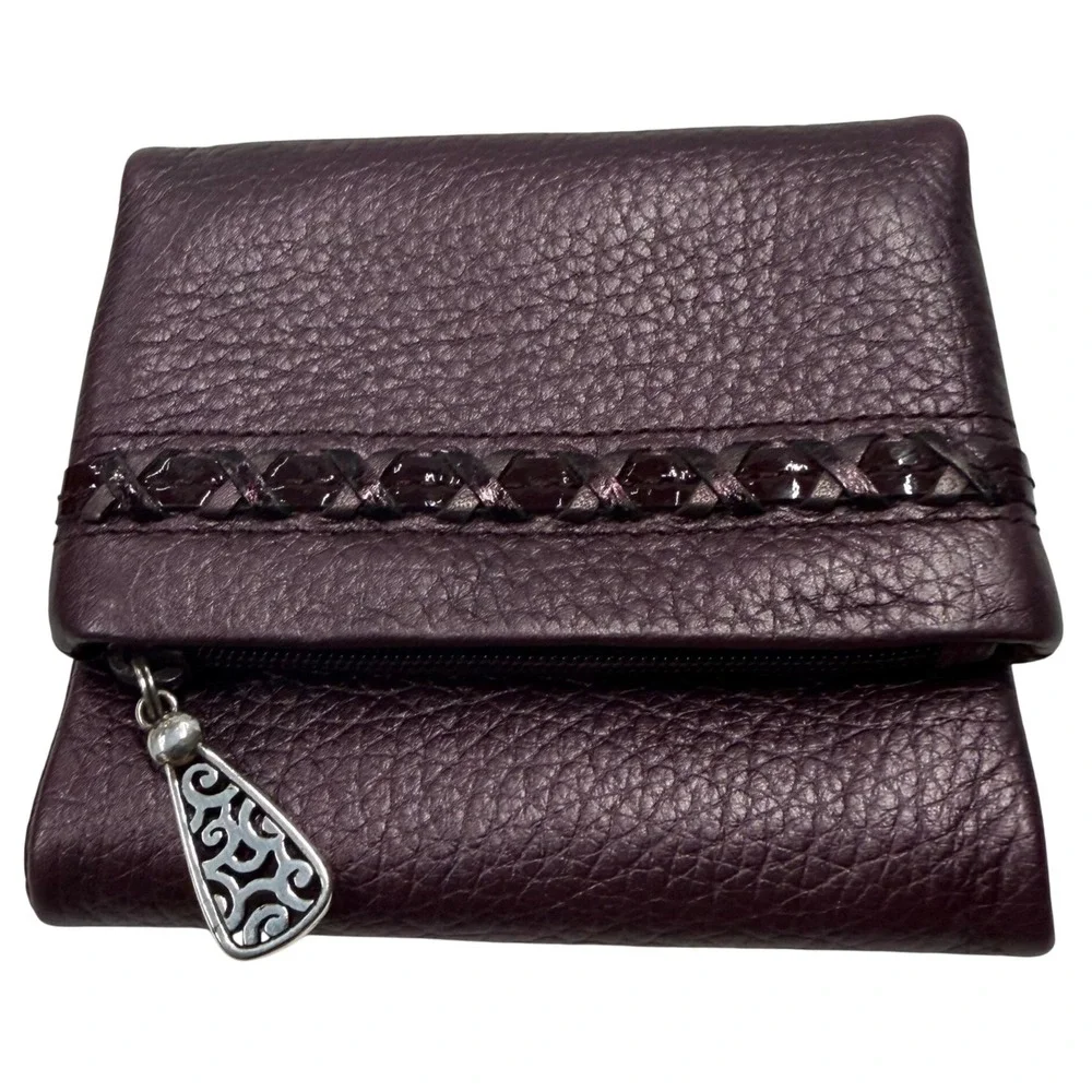 Brighton Plum Purple Pebbled Leather Trifold Wallet Braided Trim Silver Hardware